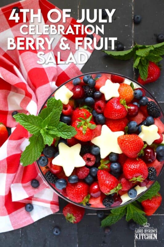 A perfectly gorgeous and healthy dessert option for your 4th of July party, this Celebration Berry and Fruit Salad is prepared with watermelon, strawberries, cherries, raspberries, blueberries, and apples cut into celebratory star shapes! Drizzled with a quick and easy glaze, this is a beautiful dessert everyone will want a taste of! #4thofjuly #fruit #berries #salad #redwhiteandblue