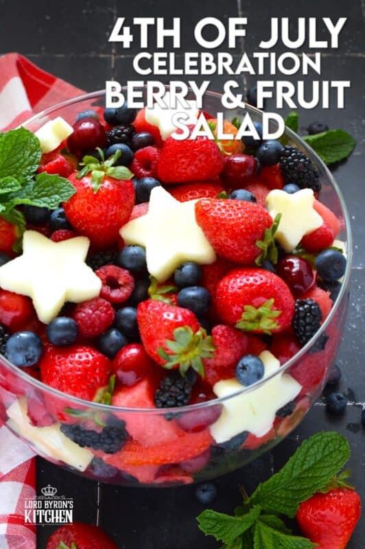 A perfectly gorgeous and healthy dessert option for your 4th of July party, this Celebration Berry and Fruit Salad is prepared with watermelon, strawberries, cherries, raspberries, blueberries, and apples cut into celebratory star shapes! Drizzled with a quick and easy glaze, this is a beautiful dessert everyone will want a taste of! #4thofjuly #fruit #berries #salad #redwhiteandblue