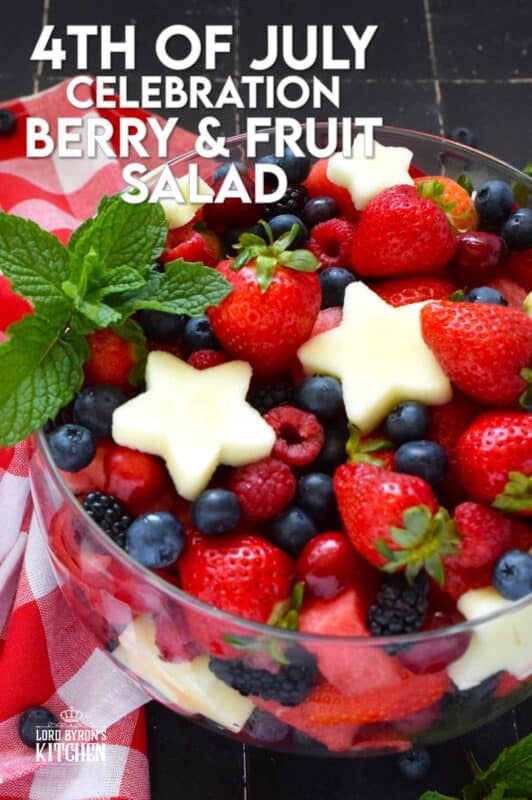 A perfectly gorgeous and healthy dessert option for your 4th of July party, this Celebration Berry and Fruit Salad is prepared with watermelon, strawberries, cherries, raspberries, blueberries, and apples cut into celebratory star shapes! Drizzled with a quick and easy glaze, this is a beautiful dessert everyone will want a taste of! #4thofjuly #fruit #berries #salad #redwhiteandblue