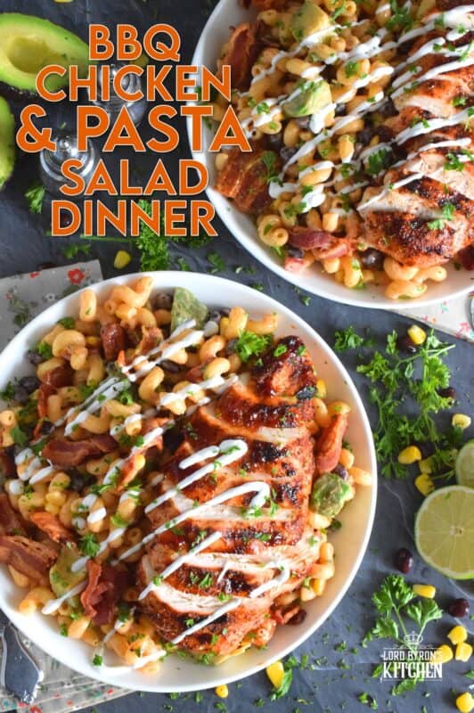 Spice-seasoned chicken breasts are grilled to perfection and then brushed with BBQ sauce and served with a delicious pasta salad prepared with bacon, avocado, corn, black beans, green onions, and roasted red peppers.  This pasta salad dinner is a hearty meal great for any backyard family picnic! #bbq #chicken #pasta #salad #dinner