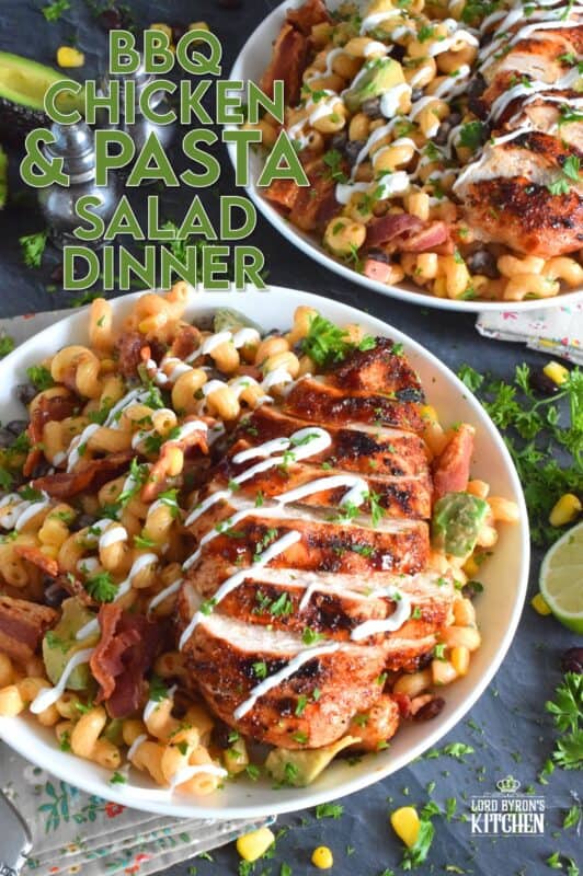 Spice-seasoned chicken breasts are grilled to perfection and then brushed with BBQ sauce and served with a delicious pasta salad prepared with bacon, avocado, corn, black beans, green onions, and roasted red peppers.  This pasta salad dinner is a hearty meal great for any backyard family picnic! #bbq #chicken #pasta #salad #dinner