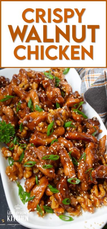 Quite a popular dish at almost every North American Chinese buffet, Crispy Walnut Chicken is prepared with moist and tender boneless and skinless chicken thighs. The chicken is coated and fried until crispy then tossed in a sweet sauce made with honey, soy, sesame, and of course, walnuts! #friedchicken #chicken #sweet #soy #walnut