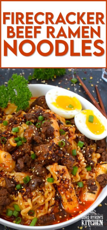 This dish has it all - noodles, ground beef, broth, soft-boiled egg, and even rice cakes! Firecracker Beef Ramen Noodles starts with a quick, easy, and spicy pan-fried ground beef that is paired with store-bought packaged ramen noodles and optional Korean rice cakes! This is one of those warm and cozy recipes perfect for a night in binging on your new favourite television series! #ramen #groundbeef #beef #ricecakes #soup #korean