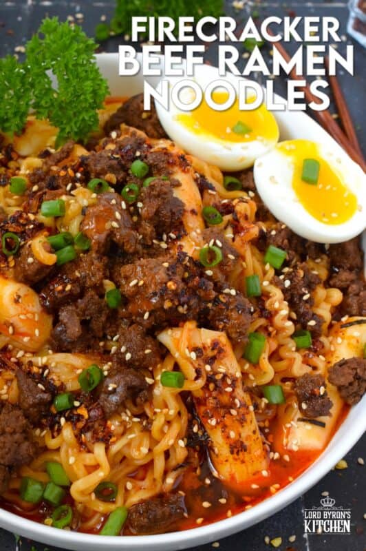 This dish has it all - noodles, ground beef, broth, soft-boiled egg, and even rice cakes! Firecracker Beef Ramen Noodles starts with a quick, easy, and spicy pan-fried ground beef that is paired with store-bought packaged ramen noodles and optional Korean rice cakes! This is one of those warm and cozy recipes perfect for a night in binging on your new favourite television series! #ramen #groundbeef #beef #ricecakes #soup #korean