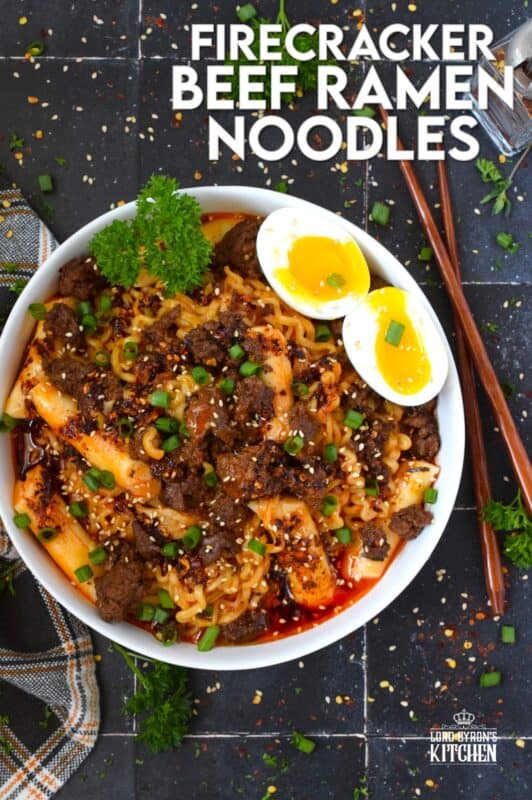 This dish has it all - noodles, ground beef, broth, soft-boiled egg, and even rice cakes! Firecracker Beef Ramen Noodles starts with a quick, easy, and spicy pan-fried ground beef that is paired with store-bought packaged ramen noodles and optional Korean rice cakes! This is one of those warm and cozy recipes perfect for a night in binging on your new favourite television series! #ramen #groundbeef #beef #ricecakes #soup #korean