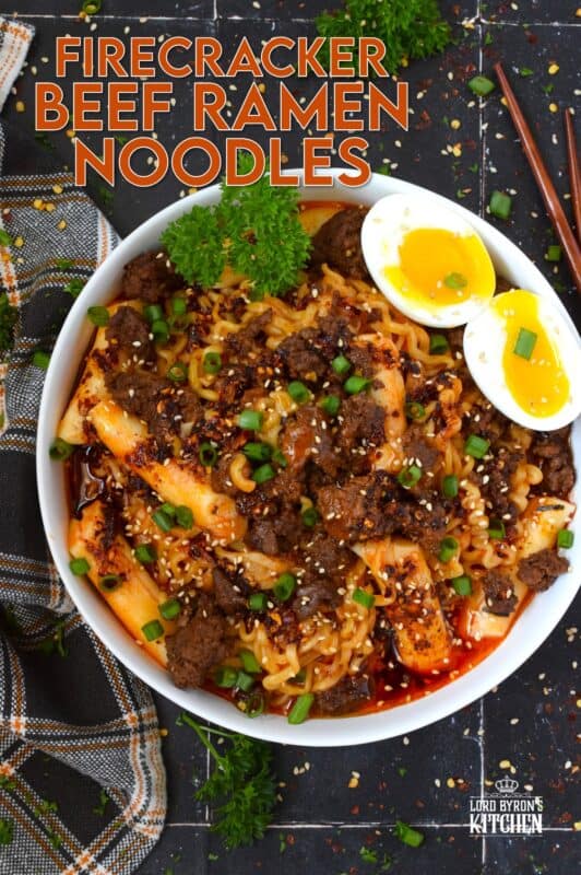 This dish has it all - noodles, ground beef, broth, soft-boiled egg, and even rice cakes! Firecracker Beef Ramen Noodles starts with a quick, easy, and spicy pan-fried ground beef that is paired with store-bought packaged ramen noodles and optional Korean rice cakes! This is one of those warm and cozy recipes perfect for a night in binging on your new favourite television series! #ramen #groundbeef #beef #ricecakes #soup #korean