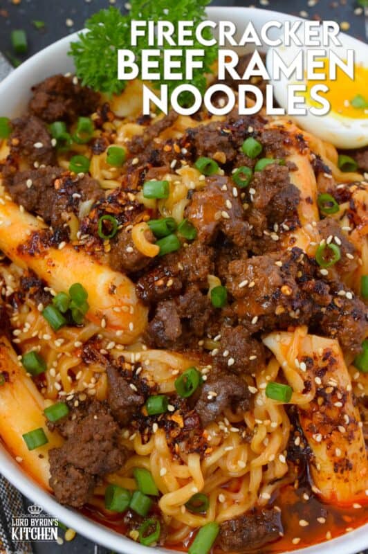 This dish has it all - noodles, ground beef, broth, soft-boiled egg, and even rice cakes! Firecracker Beef Ramen Noodles starts with a quick, easy, and spicy pan-fried ground beef that is paired with store-bought packaged ramen noodles and optional Korean rice cakes! This is one of those warm and cozy recipes perfect for a night in binging on your new favourite television series! #ramen #groundbeef #beef #ricecakes #soup #korean