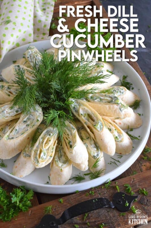 Little sandwiches made with tortillas are often called pinwheels and they are very popular! Not only are they easy to make and quite delicious too, but they are adaptable to any occasion and are enjoyed by kids and adults alike! This particular pinwheel is stuffed with a slightly sweetened cream cheese and chopped cucumber mixture with loads of fresh dill - these just scream spring! #pinwheels #cucumber #dill #appetizers #fingerfoods