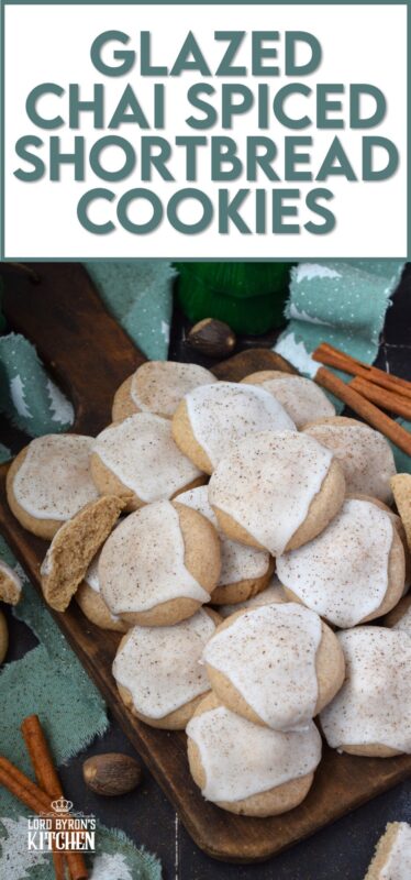 Glazed Chai Spiced Shortbread Cookies are buttery, light, and airy. The cookies are infused with familiar chai spices like cinnamon, nutmeg, ginger, cloves, and cardamom. Once cooled, the cookies are flooded with a delightfully smooth and sweet glaze; these cookies are bound to be a holiday favourite! #chai #cookies #cardamom #glazed #christmas