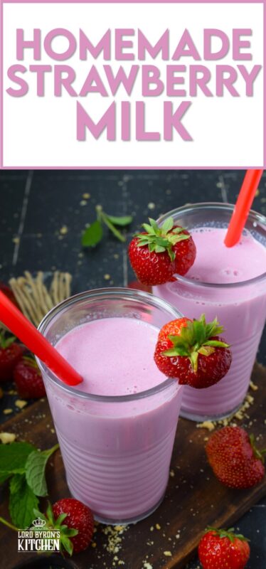 Store-bought strawberry milk has ingredients like natural and artificial flavours, colour, disodium phosphate, and carrageenan. Alternatively, Homemade Strawberry Milk has strawberry syrup, sugar, and milk! This naturally sweet, ice-cold drink is perfect for a hot summer day. Optionally, add a splash of vanilla extract for even more delicious flavour! #strawberry #milk #homemade #syrup