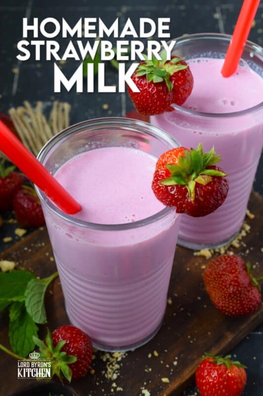 Store-bought strawberry milk has ingredients like natural and artificial flavours, colour, disodium phosphate, and carrageenan. Alternatively, Homemade Strawberry Milk has strawberry syrup, sugar, and milk! This naturally sweet, ice-cold drink is perfect for a hot summer day. Optionally, add a splash of vanilla extract for even more delicious flavour! #strawberry #milk #homemade #syrup
