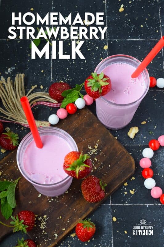 Store-bought strawberry milk has ingredients like natural and artificial flavours, colour, disodium phosphate, and carrageenan. Alternatively, Homemade Strawberry Milk has strawberry syrup, sugar, and milk! This naturally sweet, ice-cold drink is perfect for a hot summer day. Optionally, add a splash of vanilla extract for even more delicious flavour! #strawberry #milk #homemade #syrup