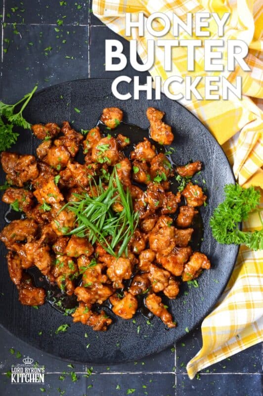Any recipe prepared with butter has the potential to be quite delicious and in the case of this Honey Butter Chicken, that statement stands true! The combination of honey and butter in the sauce creates a thick and shiny glaze that coats and sticks to the crispy fried chicken. This is one quick and easy chicken recipe you do not want to miss out on! #honey #butter #chicken #fried