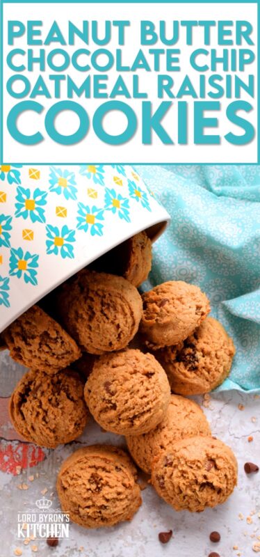 Peanut Butter Chocolate Chip Oatmeal Raisin Cookies are large and puffy, soft and chewy, and can easily be a delicious substitute for just about any store-bought granola bar! These cookies have everything you need to get you going - oats, peanut butter, raisins, and chocolate chips! #oatmeal #raisin #cookies #peanutbutter