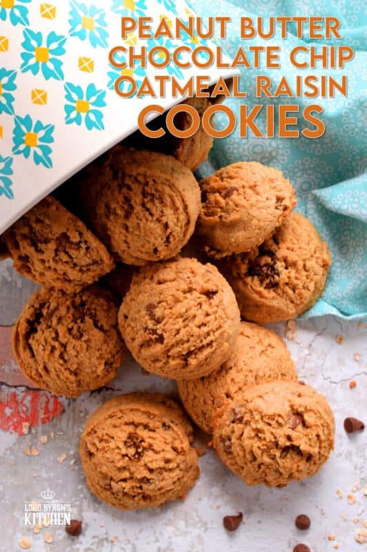 Peanut Butter Chocolate Chip Oatmeal Raisin Cookies are large and puffy, soft and chewy, and can easily be a delicious substitute for just about any store-bought granola bar! These cookies have everything you need to get you going - oats, peanut butter, raisins, and chocolate chips! #oatmeal #raisin #cookies #peanutbutter