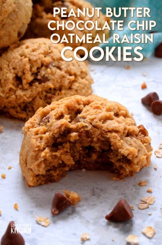 Peanut Butter Chocolate Chip Oatmeal Raisin Cookies are large and puffy, soft and chewy, and can easily be a delicious substitute for just about any store-bought granola bar! These cookies have everything you need to get you going - oats, peanut butter, raisins, and chocolate chips! #oatmeal #raisin #cookies #peanutbutter