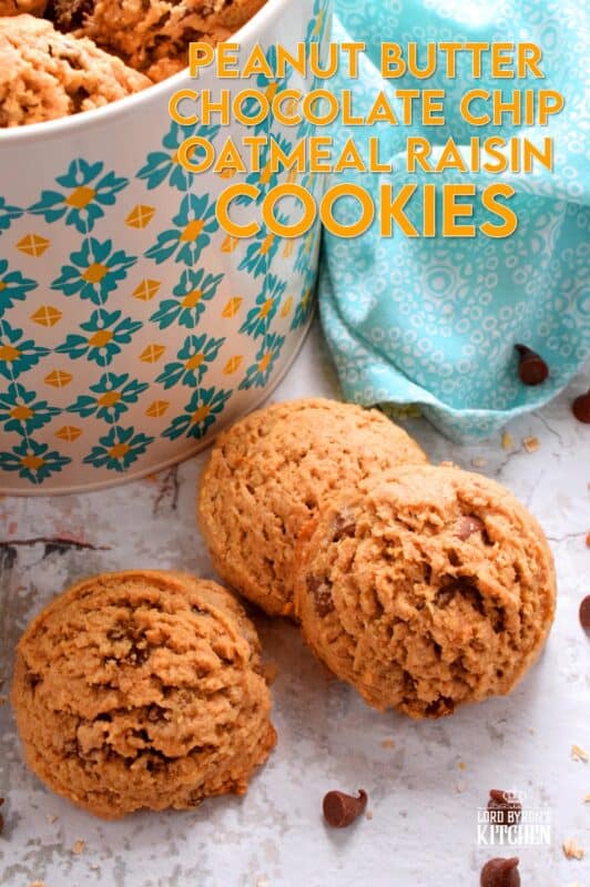 Peanut Butter Chocolate Chip Oatmeal Raisin Cookies are large and puffy, soft and chewy, and can easily be a delicious substitute for just about any store-bought granola bar! These cookies have everything you need to get you going - oats, peanut butter, raisins, and chocolate chips! #oatmeal #raisin #cookies #peanutbutter