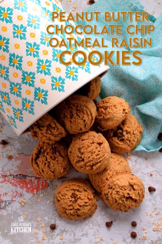 Peanut Butter Chocolate Chip Oatmeal Raisin Cookies are large and puffy, soft and chewy, and can easily be a delicious substitute for just about any store-bought granola bar! These cookies have everything you need to get you going - oats, peanut butter, raisins, and chocolate chips! #oatmeal #raisin #cookies #peanutbutter