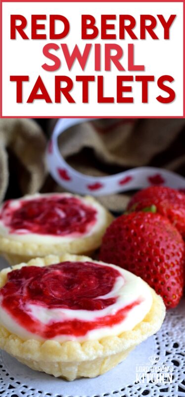 An easy to assemble treat perfect for any Canada Day celebration. Red Berry Swirl Tartlets are flaky, buttery, creamy, and sweet. Buy store-bought frozen tart shells to make this recipe fast and easier. These are stuffed with a cream cheese filling and a red berry compote! #tarts #tart #berry #tartlets