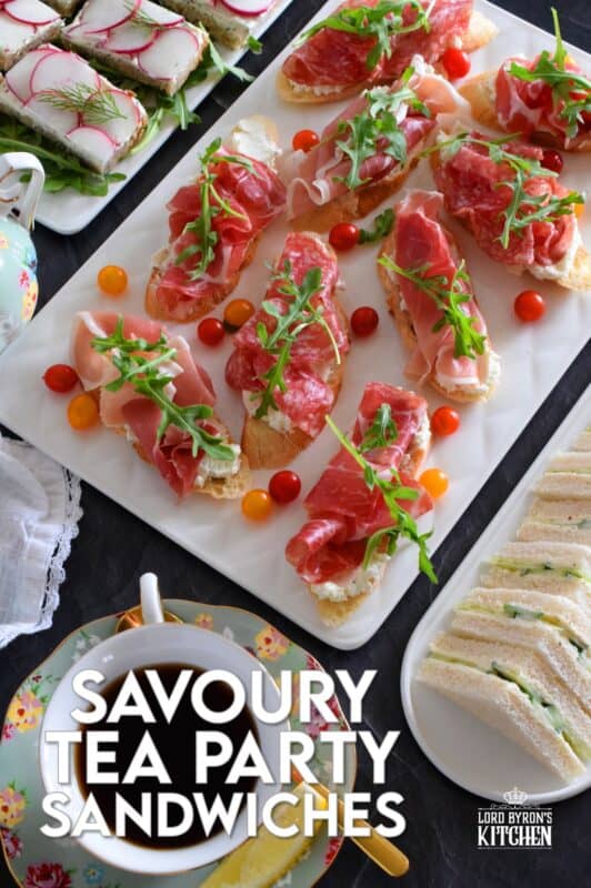 Savoury Tea Party Sandwiches are small, inexpensive, delicious, and easy to assemble. Serve with hot tea, fresh fruit, and sweet treats for a complete afternoon tea. #teaparty #englishtea #hightea #tea #afternoontea #teasandwiches #fingerfoods #sandwiches