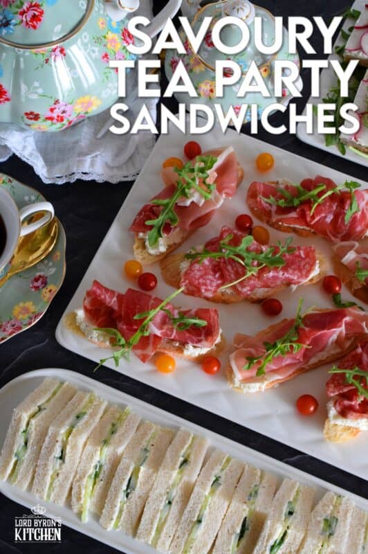 Savoury Tea Party Sandwiches are small, inexpensive, delicious, and easy to assemble. Serve with hot tea, fresh fruit, and sweet treats for a complete afternoon tea. #teaparty #englishtea #hightea #tea #afternoontea #teasandwiches #fingerfoods #sandwiches