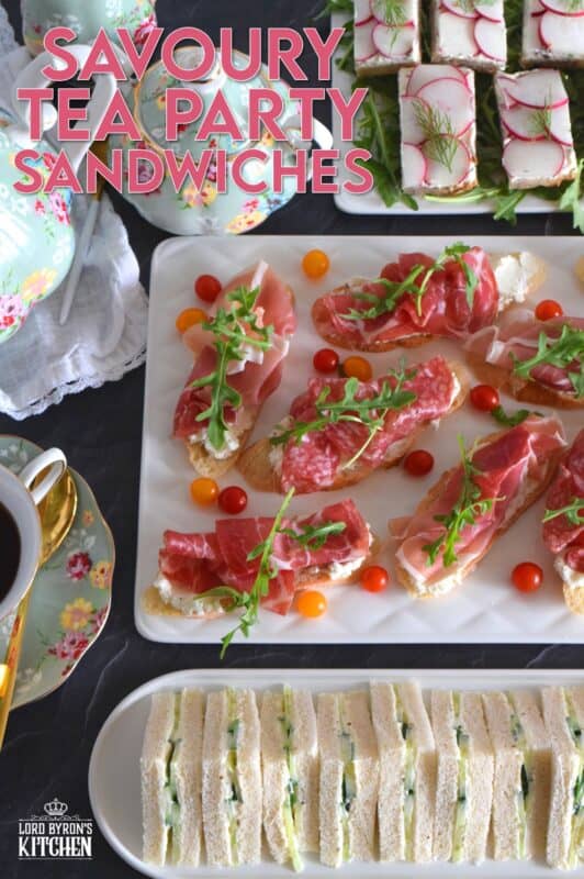 Savoury Tea Party Sandwiches are small, inexpensive, delicious, and easy to assemble. Serve with hot tea, fresh fruit, and sweet treats for a complete afternoon tea. #teaparty #englishtea #hightea #tea #afternoontea #teasandwiches #fingerfoods #sandwiches