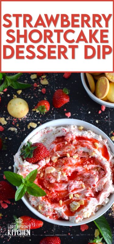 Strawberry Shortcake Dessert Dip is creamy, thick, and does not deflate like whipped cream because it's made with mascarpone! It's sweet, slightly tart, and made with strawberry shortcake crumbs! #strawberry #shortcake #crumbs #dessert #dip #mascarpone