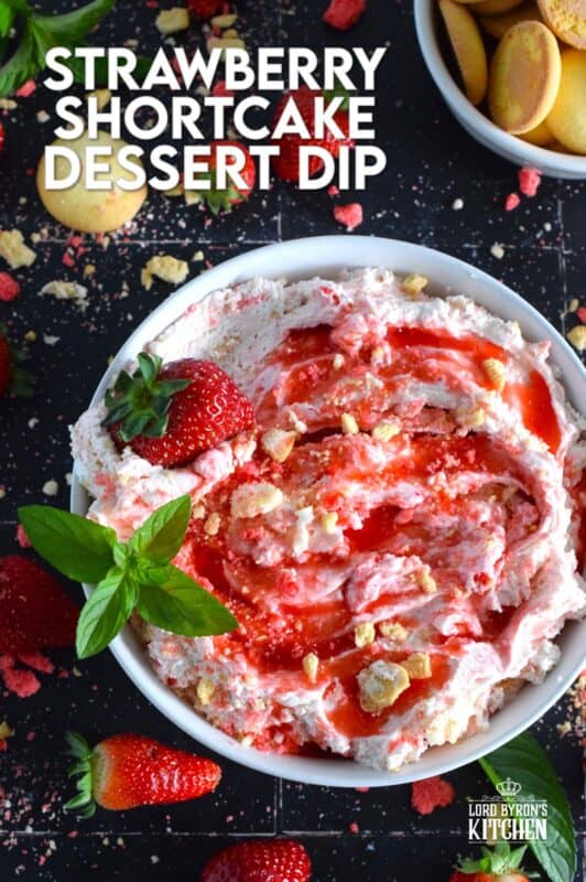Strawberry Shortcake Dessert Dip is creamy, thick, and does not deflate like whipped cream because it's made with mascarpone! It's sweet, slightly tart, and made with strawberry shortcake crumbs! #strawberry #shortcake #crumbs #dessert #dip #mascarpone
