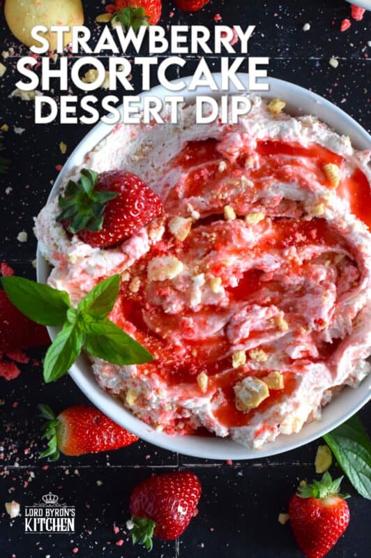 Strawberry Shortcake Dessert Dip is creamy, thick, and does not deflate like whipped cream because it's made with mascarpone! It's sweet, slightly tart, and made with strawberry shortcake crumbs! #strawberry #shortcake #crumbs #dessert #dip #mascarpone