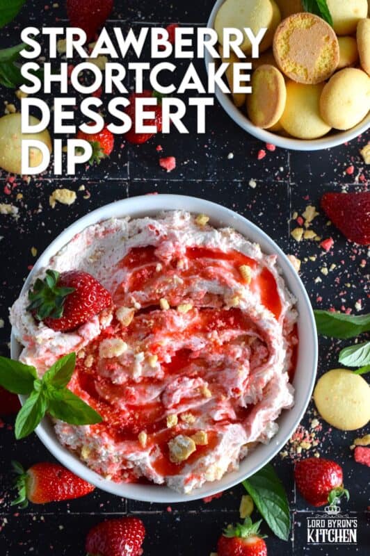 Strawberry Shortcake Dessert Dip is creamy, thick, and does not deflate like whipped cream because it's made with mascarpone! It's sweet, slightly tart, and made with strawberry shortcake crumbs! #strawberry #shortcake #crumbs #dessert #dip #mascarpone