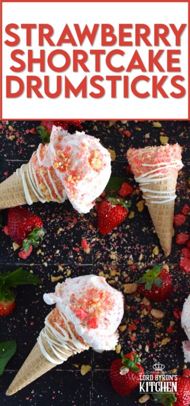 When it comes to serving up a scoop of ice cream at home, nothing beats doing so in one of these delicious drumstick sugar cones. Using store-bought cones, the inside is coated with melted white chocolate, which prevents ice cream from dripping out of the bottom, and rolled in strawberry shortcake crumbs! #strawberry #shortcake #icecream #cones