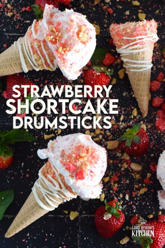 When it comes to serving up a scoop of ice cream at home, nothing beats doing so in one of these delicious drumstick sugar cones. Using store-bought cones, the inside is coated with melted white chocolate, which prevents ice cream from dripping out of the bottom, and rolled in strawberry shortcake crumbs! #strawberry #shortcake #icecream #cones