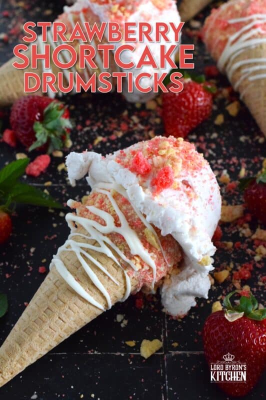 When it comes to serving up a scoop of ice cream at home, nothing beats doing so in one of these delicious drumstick sugar cones. Using store-bought cones, the inside is coated with melted white chocolate, which prevents ice cream from dripping out of the bottom, and rolled in strawberry shortcake crumbs! #strawberry #shortcake #icecream #cones