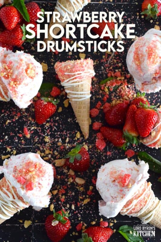 When it comes to serving up a scoop of ice cream at home, nothing beats doing so in one of these delicious drumstick sugar cones. Using store-bought cones, the inside is coated with melted white chocolate, which prevents ice cream from dripping out of the bottom, and rolled in strawberry shortcake crumbs! #strawberry #shortcake #icecream #cones