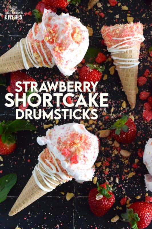 When it comes to serving up a scoop of ice cream at home, nothing beats doing so in one of these delicious drumstick sugar cones. Using store-bought cones, the inside is coated with melted white chocolate, which prevents ice cream from dripping out of the bottom, and rolled in strawberry shortcake crumbs! #strawberry #shortcake #icecream #cones