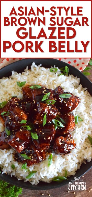 This sweet and sticky Glazed Pork Belly is cooked in two stages. First, the meat is boiled with seasonings and then fried before being cooked in a brown sugar, soy sauce, and rice wine reduction. Served with steamed rice, this is a meal that would please the toughest critic! #porkbelly #pork #belly