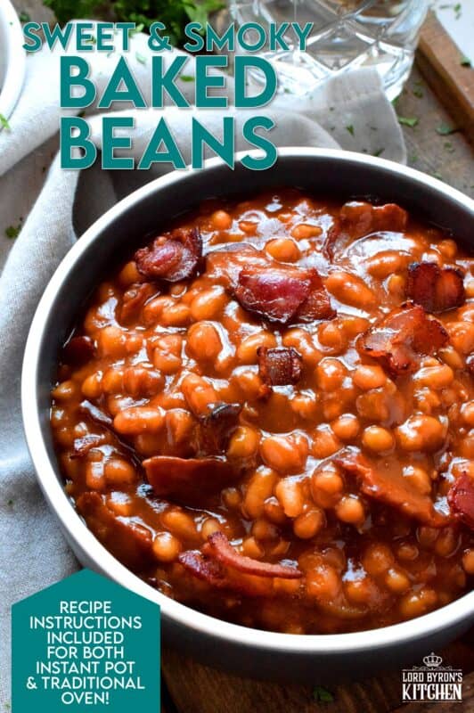 Instant Pot or traditional oven, Sweet and Smoky Baked Beans are delicious and so easy to prepare. Never buy canned beans from the grocer again! Make them vegetarian or serve them with fried crumbled bacon or ham on the side! #instantpot #beans #sides #smoky #bakedbeans