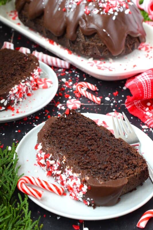 When you combine cocoa, coffee, and peppermint, they form the perfect flavour combination; and these flavours are bold and delicious in this Mocha Peppermint Loaf. Because this loaf is made with buttermilk, it remains very moist. Drizzled with a peppermint ganache and topped with crushed peppermint candy, this loaf is certainly decadent! This recipe makes two loaves - one for you and one to share! #mocha #loaf #cake #peppermint #chocolate #candycanes