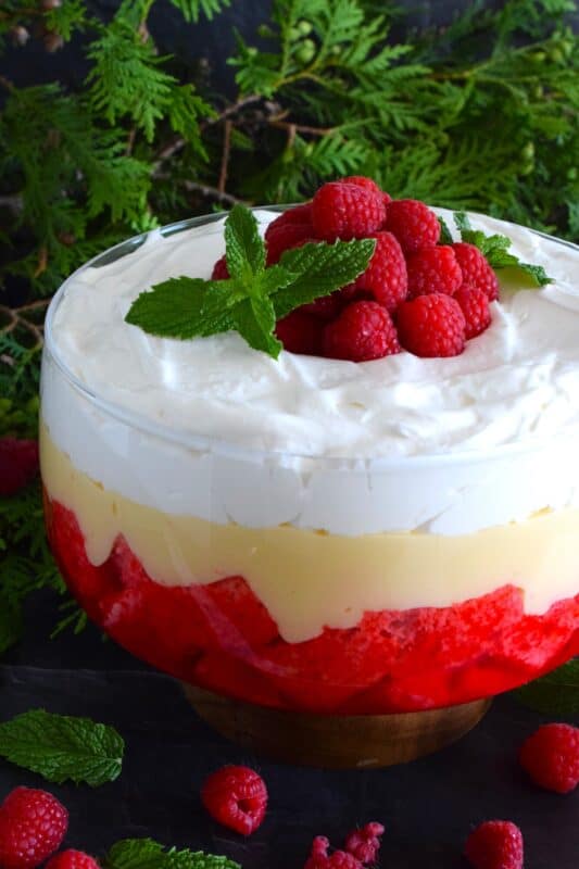 Mary Margaret's Trifle is a simple, rustic, uncomplicated dessert comprised of three layers. Starting with a pound cake layer where the cake is soaked in raspberry jello, followed by a thick layer of custard and topped with freshly prepared whipped cream. #trifle #vintage #retro #raspberry #jello #custard