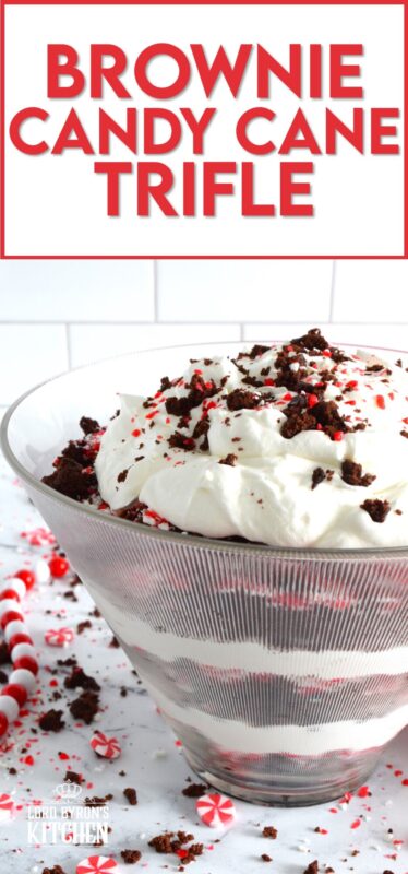 Prepared with two-bite brownies, decadent whipped cream, and crushed candy canes, this Brownie Candy Cane Trifle has all the flavours one craves at Christmastime! Take the easy route and purchase brownies at the grocer. Christmas no-bake desserts should be stress-free and relaxing after all! #peppermint #trifle #brownies #candycane