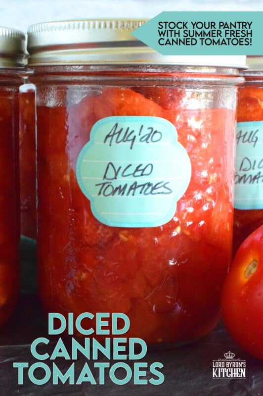 Many recipes include Canned Diced Tomatoes. Why not make your own with those local and fresh end of summer tomatoes? They're very budget-friendly and taste so much better than what you can buy in a store. Stock your pantry and have that fresh tomato flavour all winter long! #canned #diced #tomatoes #canning #preserves