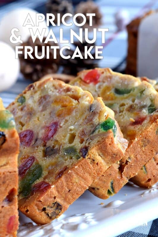 A common Christmastime tradition is fruitcake, and there's so many varieties to choose from. My version is free of alcohol and loaded with both candied and dried fruit, as well as walnuts. Christmas Apricot and Walnut Fruitcake just might be your new favourite Christmas tradition! #fruitcake #loaf #nuts #dried #fruit #apricot #christmas #cake #baking #candied
