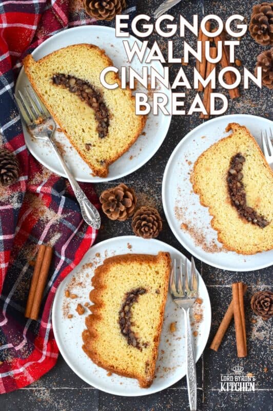 A delicious and moist loaf with a cinnamon walnut crumb center is simply delectable! No frosting or fancy decorating skills are needed; serve this Eggnog Walnut Cinnamon Bread with vanilla ice cream for a great dessert, or enjoy a slice just as it is with a cup of hot tea as an afternoon treat. #loaf #bread #cinnamon #walnut #christmas