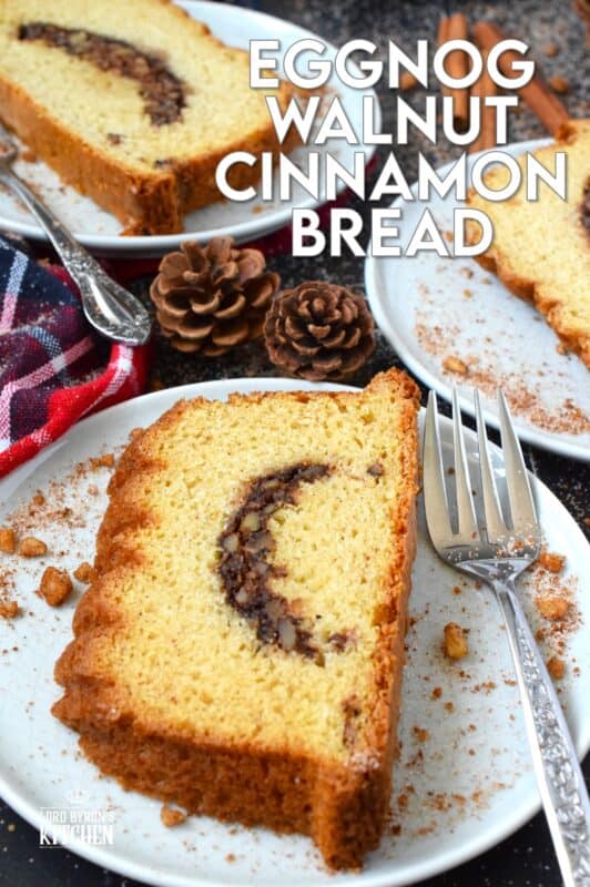 A delicious and moist loaf with a cinnamon walnut crumb center is simply delectable! No frosting or fancy decorating skills are needed; serve this Eggnog Walnut Cinnamon Bread with vanilla ice cream for a great dessert, or enjoy a slice just as it is with a cup of hot tea as an afternoon treat. #loaf #bread #cinnamon #walnut #christmas
