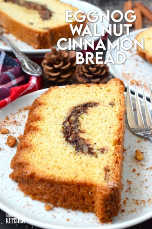 A delicious and moist loaf with a cinnamon walnut crumb center is simply delectable! No frosting or fancy decorating skills are needed; serve this Eggnog Walnut Cinnamon Bread with vanilla ice cream for a great dessert, or enjoy a slice just as it is with a cup of hot tea as an afternoon treat. #loaf #bread #cinnamon #walnut #christmas