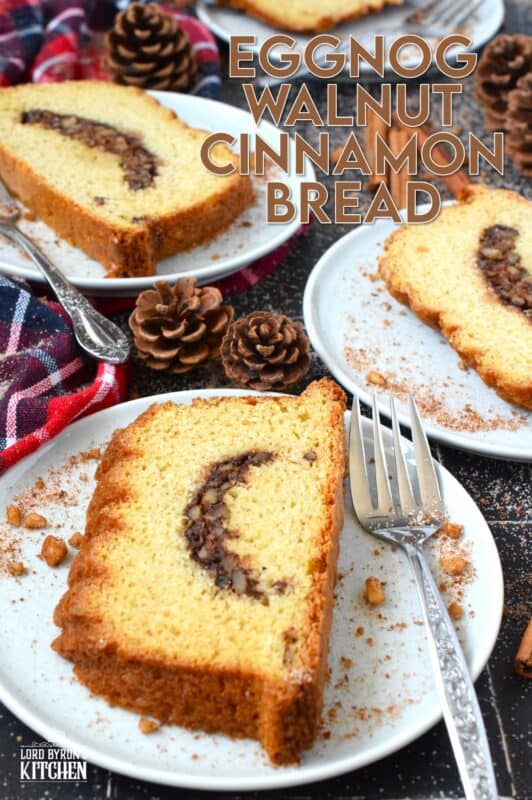A delicious and moist loaf with a cinnamon walnut crumb center is simply delectable! No frosting or fancy decorating skills are needed; serve this Eggnog Walnut Cinnamon Bread with vanilla ice cream for a great dessert, or enjoy a slice just as it is with a cup of hot tea as an afternoon treat. #loaf #bread #cinnamon #walnut #christmas