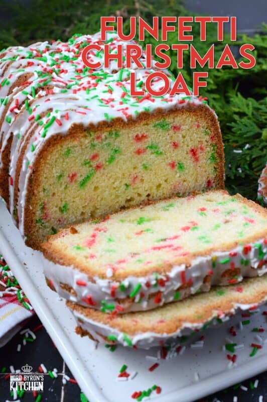 Moist and delicious, packed with festive holiday sprinkles, and drizzled with a sweet glaze, this Funfetti Christmas Loaf is a perfect dessert for kids both young and old! There is never a bad time to bake with sprinkles, but no other occasion demands it quite like Christmas! #funfetti #loaf #christmas #sprinkles #jimmies