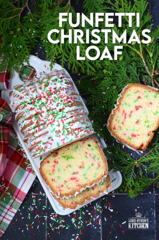 Moist and delicious, packed with festive holiday sprinkles, and drizzled with a sweet glaze, this Funfetti Christmas Loaf is a perfect dessert for kids both young and old! There is never a bad time to bake with sprinkles, but no other occasion demands it quite like Christmas! #funfetti #loaf #christmas #sprinkles #jimmies