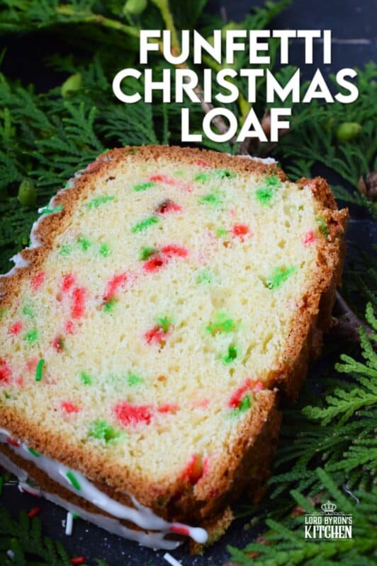 Moist and delicious, packed with festive holiday sprinkles, and drizzled with a sweet glaze, this Funfetti Christmas Loaf is a perfect dessert for kids both young and old! There is never a bad time to bake with sprinkles, but no other occasion demands it quite like Christmas! #funfetti #loaf #christmas #sprinkles #jimmies