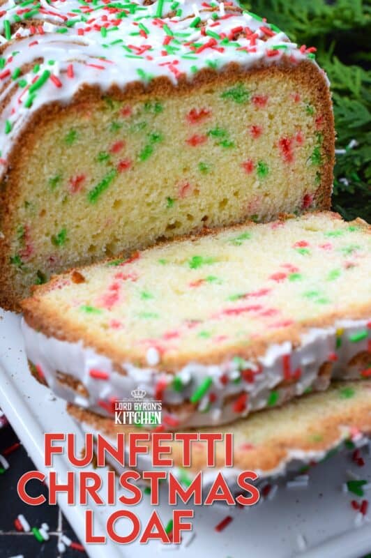 Moist and delicious, packed with festive holiday sprinkles, and drizzled with a sweet glaze, this Funfetti Christmas Loaf is a perfect dessert for kids both young and old! There is never a bad time to bake with sprinkles, but no other occasion demands it quite like Christmas! #funfetti #loaf #christmas #sprinkles #jimmies